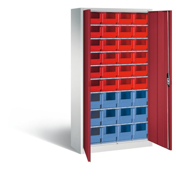 C+P Magazinschrank Serie 13, H1980xB1000xT420mm, Farbe: Lichtgrau / Rubinrot, Muldengriff, 133144-23 S10044