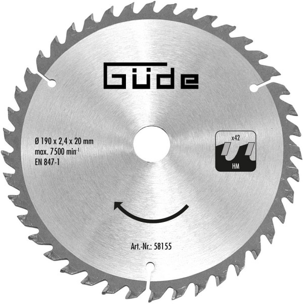 Güde Holzsägeblatt HM 190x20x42Z, Sägeblatttyp: HM, 58155, 4015671581556
