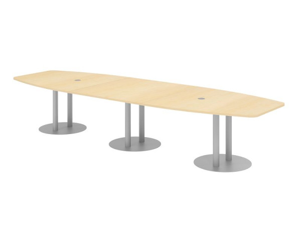 Hammerbacher Konferenztisch KT40S, 400 x 130 cm, Platte: Ahorn, 25mm dick, mit drei silbernen Säulenfüßen, 7,6/70 cm, Arbeitshöhe 74 cm, VKT40S/3/S