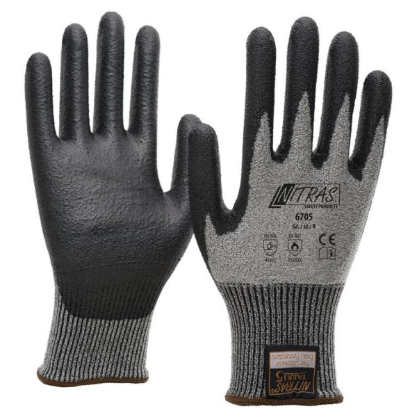 NITRAS TAEKI Schnittschutzhandschuhe, grau, PU-Beschichtung, teilbeschichtet auf Innenhand und Fingerkuppen, schwarz, Größe: 7, VE: 100 Paar, 6705-7