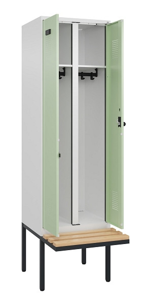 C+P Schwarz-Weiß-Spind Evolo PLUS, Bank, 2 Abteile, 2120x600x815mm, 9016/6019, Drehriegel, Sitzfläche Holz, 0490427-20 S10019