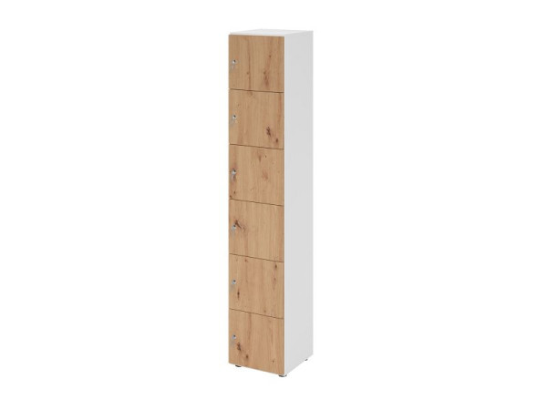 Hammerbacher Schließfachschrank schmal 6OH, 6 Türen mit Schloss, Korpus: weiß, Türen: Asteiche, 40 x 40 x 215,6 cm (BxTxH), V264L6/W/R/DS
