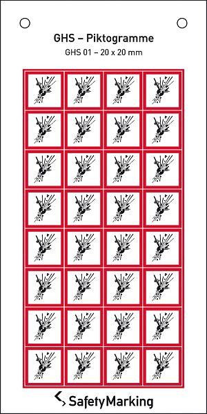 SafetyMarking GHS-Gefahrenpiktogramm, Symbol 01: explodierende Bombe, BxH 2x2 cm, Folie, selbstklebend, VE: 32 Stück/Bogen, 30.3550-01