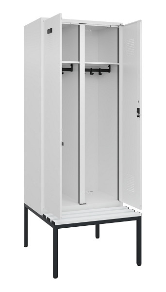 C+P Schwarz-Weiß-Spind Evolo PLUS, Bank, 2 Abteile, 2120x800x815mm, 9016/9016, Zylinderschloss, Sitzfläche Kunststoff, Sitzbank, 0490527-22 S10100