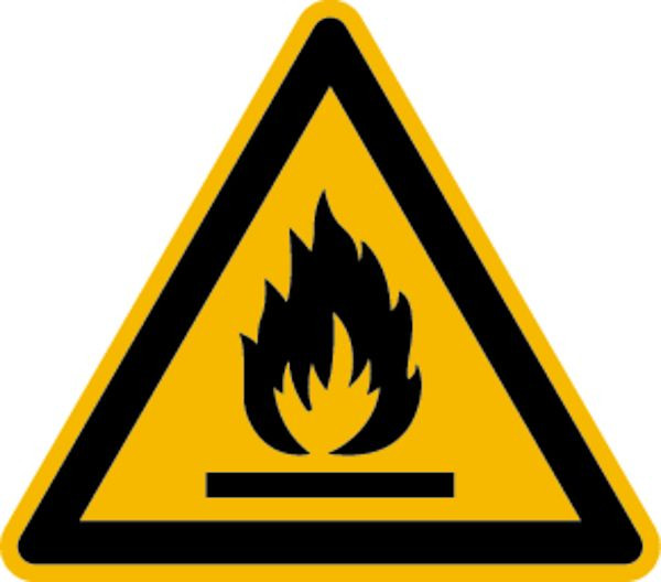 Schilder Klar Warnzeichen Warnung vor feuergefährlichen Stoffen DIN EN ISO 7010-W021, 300x0.45 mm Aluminium geprägt, 3051/53