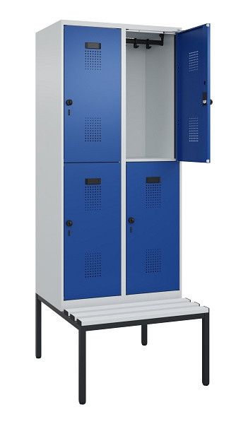C+P Doppelstock-Spind Evolo PLUS, Bank, 4 Fächer, 2120x800x815mm, 7035/5010, Drehriegel, Sitzfläche Kunststoff, Sitzbank, 0493507-22 S10087