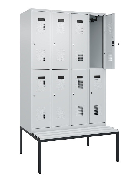 C+P Doppelstock-Spind Evolo PLUS, Bank, 8 Fächer, 2120x1200x815mm, 7035/7035, Zylinderschloss, Sitzfläche Kunststoff, Sitzbank, 0493507-40 S10121