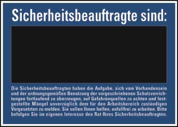 Schilder Klar Aushang Sicherheitsbeauftragte sind:, 210x150x1.5 mm Kunststoff, 1236/71