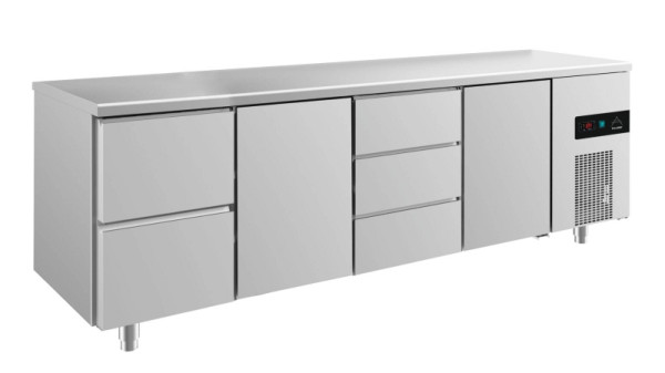 A&S Polarny Kühltisch -2 bis +8°C mit 2x Türen, 1x zwei Schubladen links und 1x drei Schubladen mittig-rechts, 2330 x 700 x 850 mm, KT4ZTDT