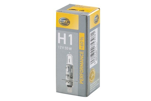 HELLA Halogen-Glühlampe, H1, Performance + 60%, 12V, 55W, Sockelausführung Glühlampe: P14.5s, Schachtel, 8GH 223 498-211