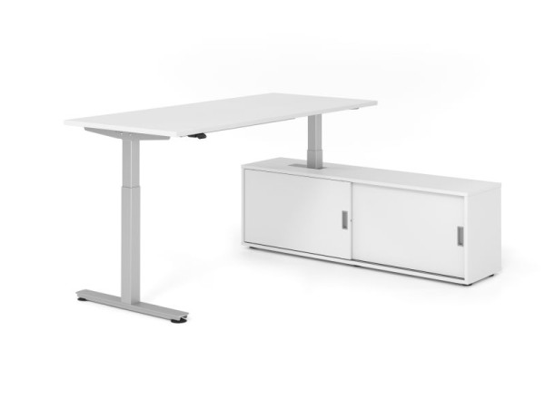 Hammerbacher Schreibtisch XMST19, 180x80cm, Platte: Weiß, T-Fuß Gestell Silber, Höhe: 71 - 120 cm, Weiß / Weiß, VXMST19SB/W/S/W/W