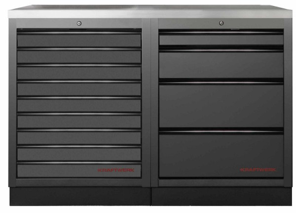 Kraftwerk MOBILIO BLACK EDITION 2er Unterschrank-Kombi, 13 Schubladen, Arbeitsplatte Edelstahl, 3964K-BLK-008-IX