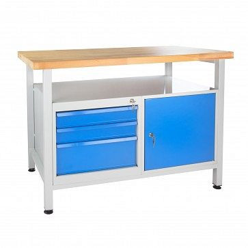 ADB Werkbank 1 Tür + 3 Schubladen, Ablage, Maße: 1200x600x840mm (BxTxH), Farbe Werktisch: grau, RAL 7035, Farbe Tür/Schublade: Lichtblau (RAL 5012), 41928