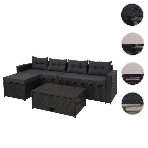 Mendler Poly-Rattan Garnitur HWC-J34, Balkon-/Garten-/Lounge-Set Sitzgruppe Sofa, Staufach, schwarz, Kissen dunkelgrau, 77078+77079+77080