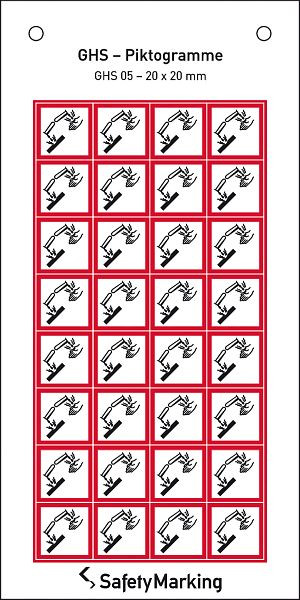 SafetyMarking GHS-Gefahrenpiktogramm, Symbol 05: Ätzwirkung, BxH 2x2 cm, Folie, selbstklebend, VE: 32 Stück/Bogen, 30.3550-05