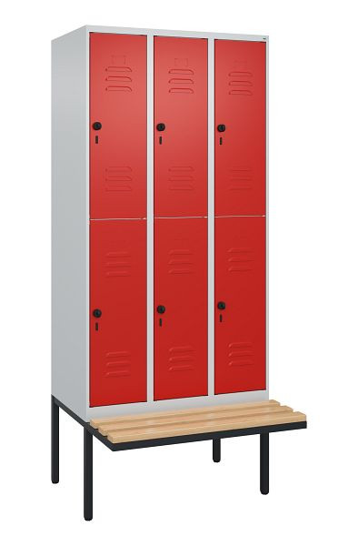 C+P Doppelstöckiger Spind Classic PLUS, 3 Abteile, 2120x900x815mm, 7035/3020, Drehriegel, Sitzleisten aus Buche, schwebende Sitzfläche, 0803407-30 S10002