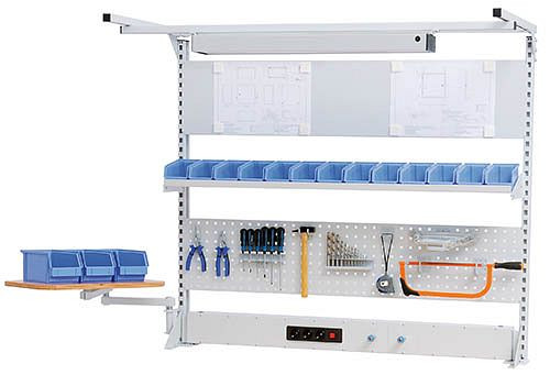 Bedrunka+Hirth Multi-Wand-Aufbau workline mit Obergestell, 1x Energiekanal, 1x Lochwand, 1x Magnetwand, 1x Fachboden, 1500 x 750 x 1250 mm, 03.9001521WL