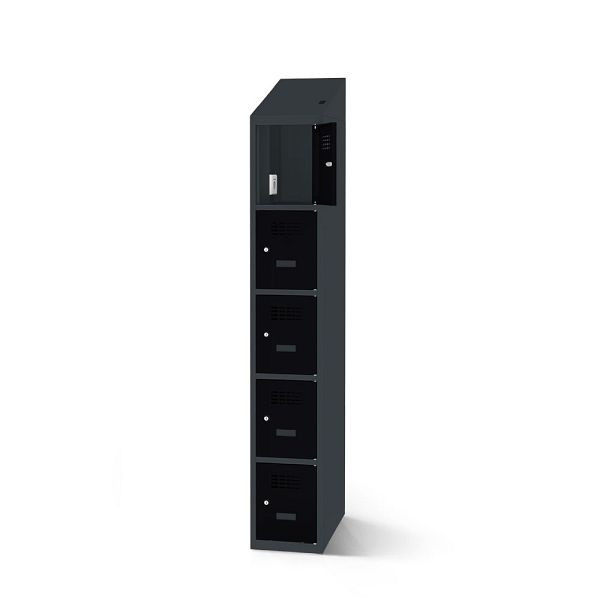 Rotstahl Fächerschrank, 5 Fächer, kurzer Sockel, mit Ladefunktion, Schrägdach, Korpus: anthrazitgrau, Türen: tiefschwarz, 2180-010500-0301112-7016-9005
