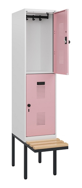 C+P Doppelstock-Spind Evolo PLUS, Bank, 2 Fächer, 1950x400x815mm, 9016/3015, Drehriegel, Sitzfläche Buche-Hartholz, 0493405-12 S10186