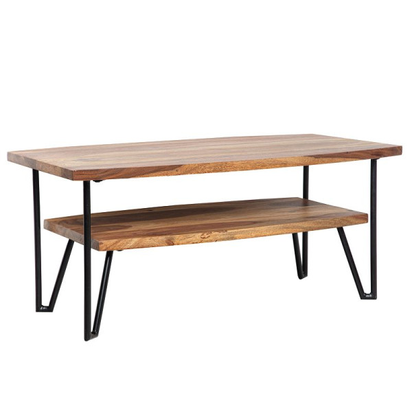 Wohnling Couchtisch 90x50x40 cm Sheesham Massivholz/Metall Sofatisch Rechteckig, Kaffeetisch mit Stauraum, Industrial Vierrund, WL6.720