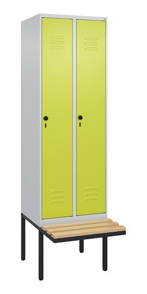C+P Umkleidespind Classic PLUS, 2 Abteile, 2120x600x815mm, 7035/0024, Drehriegel, Buche-Sitzleisten, 3 Doppel-Haken, 0800407-20 S10011