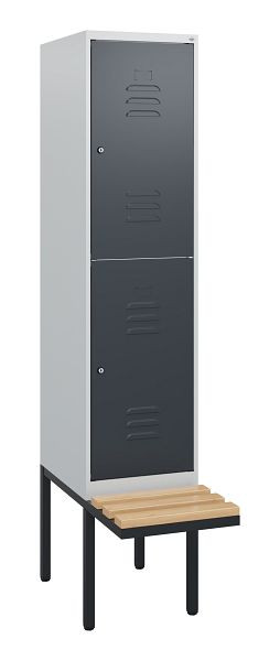 C+P Doppelstöckiger Spind Classic PLUS, 1950x400x815mm, 7035/7016, Zylinderschlösser, Sitzleisten aus Buche, schwebende Sitzfläche, 0803405-12 S10038