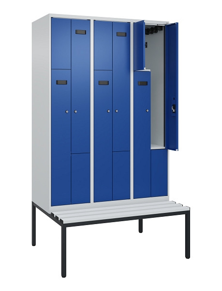 C+P Z-Spind Evolo PLUS, Bank, 6 Fächer, 2120x1200x815mm, 7035/5010, Zylinderschloss, Sitzfläche Kunststoff, Sitzbank, 0490537-326 S10086
