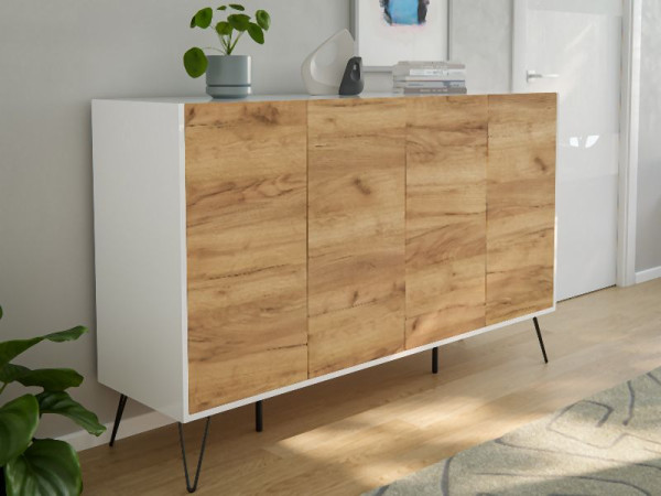 Posseik Sideboard Industrial P 155cm 4 Schubladen Türen Weiß/Eiche Front, PN2093X0000034DE