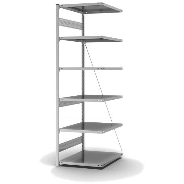 hofe Fachboden-Anbauregal, 3000x300x750 mm, 7 Fachebenen, verzinkt, 300 kg Fachlast, 2100 kg Feldlast, einseitige Bedienung, HZA30307XS