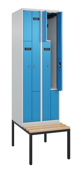 C+P Z-Spind Evolo PLUS, Bank, 4 Fächer, 2120x600x815mm, 7035/5012, Zylinderschloss, Sitzfläche Buche-Hartholz, Sitzbank, 0490537-204 S10039