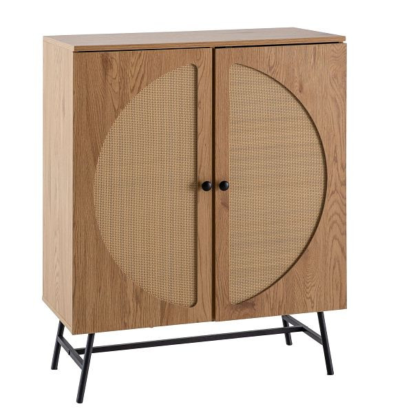 Wohnling Sideboard 80x103x39cm Highboard Eiche-Dekor mit Rattan Geflecht, Standschrank mit 2 Türen, Kommode Anrichte Wohnzimmer, WL6.893