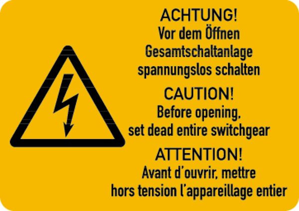 Schilder Klar Maschinenkennzeichnung Gesamtschaltanlage spannungslos schalten (3-sprachig), 52x37 mm, Rolle á 500 Stück, Folie selbstklebend, 7541/91