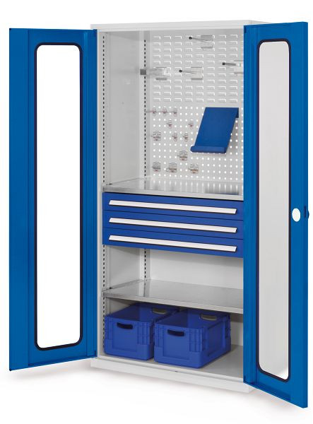 Kappes RasterPlan Schubladenschrank, Modell 32, RAL 7035/5010, Sichtfenstertür, 1950 x 1000 x 600 mm, 3 Schubladen H 100 mm, 1460.02.5016
