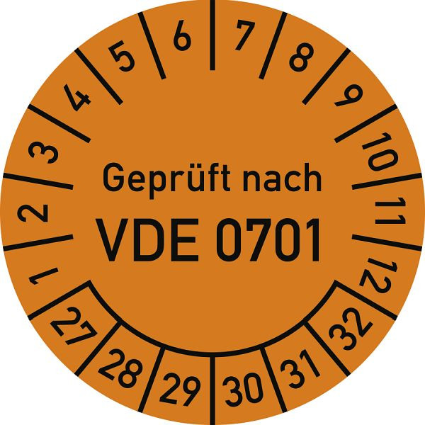Moedel Prüfplakette Geprüft nach VDE 0701, 2027-2032, Folie, Ø 30mm, VE: 10 Stück/Bogen, 108539