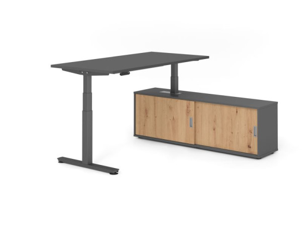 Hammerbacher Schreibtisch XDSM16, 160x80cm, Platte: Graphit, T-Fuß Gestell Graphit, Höhe: 63 - 127 cm, Graphit / Asteiche, VXDSM16SB/G/G/G/R