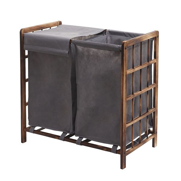 Mendler Wäschesammler HWC-B60, Laundry Wäschebox Wäschekorb, Massiv-Holz 2 Fächer 60x60x33cm 68l, braun, Bezug grau, 75536