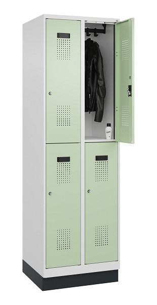 C+P Doppelstöckiger Spind Evolo PLUS, mit Sockel, 4 Fächer, 1950x600x500mm, 9016, Frontfarbe RAL 6019 Weissgrün, Zylinderschloss, 049320-20 S10046