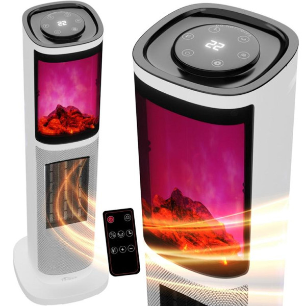 TroniTechnik Turmheizer mit Keramikelement,Heizgerät mit simulierten Flammeneffekt,2000 W,Wärmestrahler mit PTC Keramik, Weiß, 5463