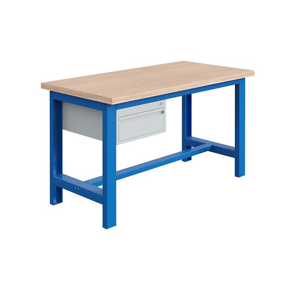 SOFAME SI Werkbank, B 1800 x T 750 x H 840mm, Multiplex-Arbeitsplatte 40 mm mit Unterbau 1 Schublade H150mm, Himmelblau RAL 5015, W010010649BI