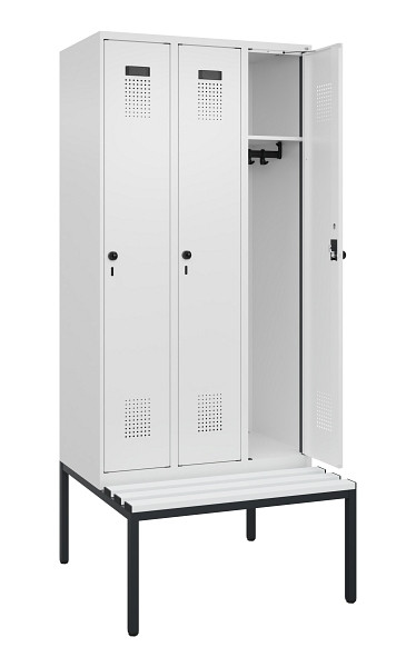 C+P Spind Evolo PLUS, 3 Abteile, 2120x900x815mm, 9016/9016, Haken 3, Drehriegel, Sitzfläche Kunststoff, Sitzbank, 0490507-30 S10074