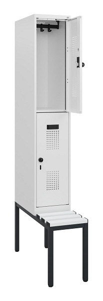 C+P Doppelstöckiger Spind Evolo PLUS, Bank, 2 Fächer, 1950x300x815mm, 9016/9016, Drehriegel, Sitzfläche Kunststoff, Sitzbank, 0493505-10 S10120