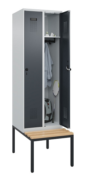 C+P Spind Evolo PLUS, 2 Abteil, 2120x600x815mm, 7035/7016, Drehriegel, Sitzfläche Buche-Hartholz, Sitzbank, 0490507-20 S10012