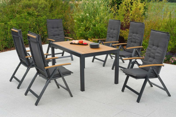 Merxx Itanos Set 13-teilig, 6 Klappsessel, 6 Auflagen uni grau, 1 Tisch 150 x 90cm, Tischplatte aus Kunststoff in realistischer Holzoptik, 50476-800