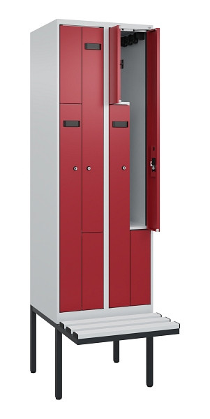 C+P Z-Spind Evolo PLUS, Bank, 4 Fächer, 2120x600x815mm, 7035/3003, Zylinderschloss, Material Sitzfläche Kunststoff, 0490437-204 S10082