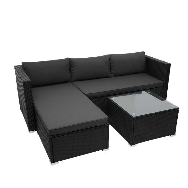 Mendler Poly-Rattan Garnitur HWC-F57, Balkon-/Garten-/Lounge-Set Sofa Sitzgruppe, schwarz, Kissen dunkelgrau ohne Deko-Kissen, 69830+69831