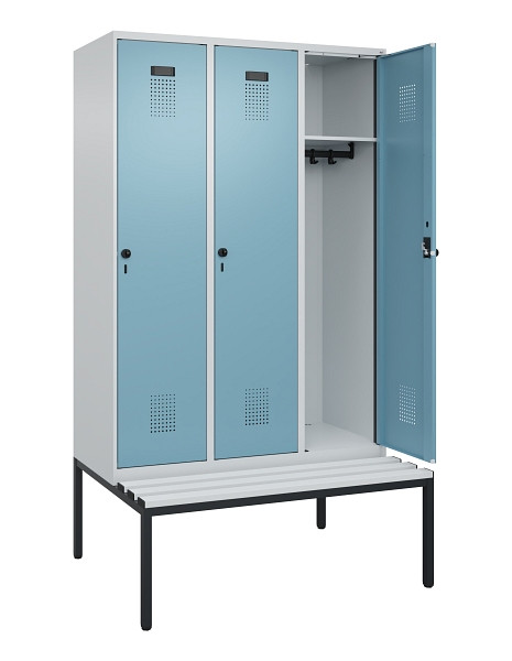 C+P Spind Evolo PLUS, 3 Abteile, 2120x1200x815mm, 7035/0010, Haken 4, Drehriegel, Sitzfläche Kunststoff, Sitzbank, 0490507-32 S10063