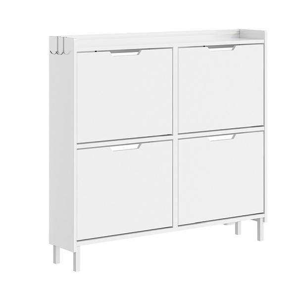 SoBuy Schuhschrank Weiß mit 4 Klapptüren, Schuhregal mit Ablagefläche und Haken, aus MDF und Spanplatte, 100×19×93 cm, Tragkraft 34 kg, FSR100-E-W