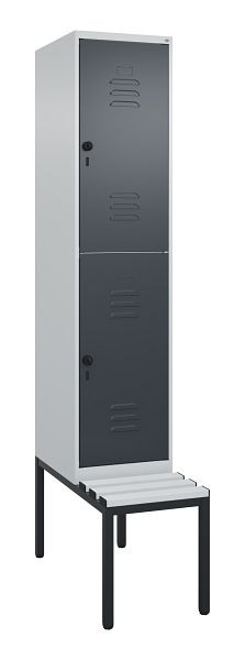 C+P Doppelstöckiger Spind Classic PLUS, Bank, 2120x400x815mm, 7035/7016, Drehriegel, mit untergebauter Sitzbank, 0803507-12 S10113