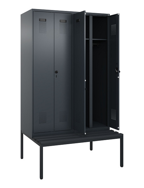 C+P Schwarz-Weiß-Spind Evolo PLUS, Bank, 4 Abteile, 2120x1200x815mm, 7016/7016, Drehriegel, Sitzfläche Kunststoff, Sitzbank, 0490527-40 S10070