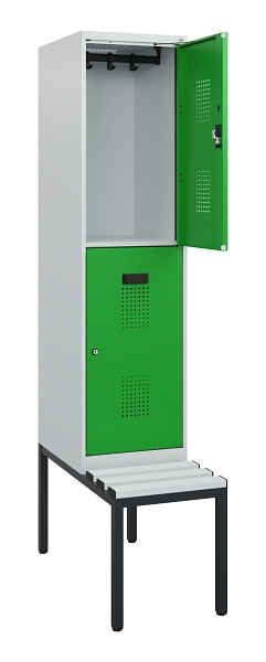 C+P Doppelstöckiger Spind Evolo PLUS, Bank, 2 Fächer, 1950x400x815mm, 7035/6037, Zylinderschloss, Sitzfläche Kunststoff, Sitzbank, 0493505-12 S10146